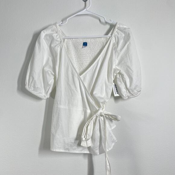 Old Navy Top Women S White Wrap Smocked Back Puff Sleeve Minimalist Cottagecore - Picture 1 of 7